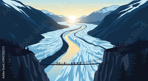 People walking on suspension bridge over glacier river in valley with towering snow-capped mountains and sun, winter landscape