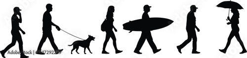 Silhouette illustration of diverse people walking, everyday lifestyle activities, urban vector art design, modern behavior concept for stock content