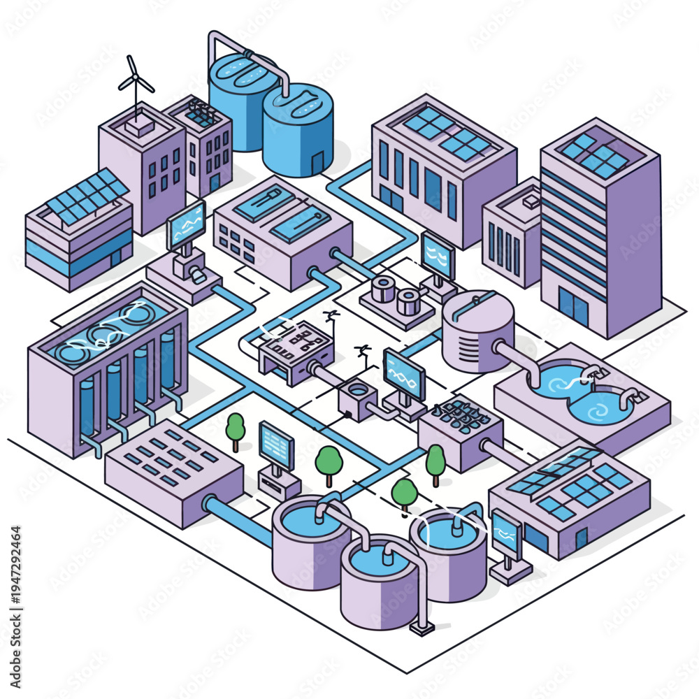 Fototapeta premium Isometric Illustration of a Smart City Infrastructure with Renewable Energy.