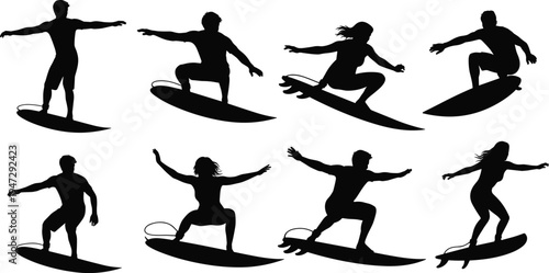 Surfer silhouettes collection, dynamic wave riding vector illustration, diverse stances design for sport, lifestyle, ocean inspiration
