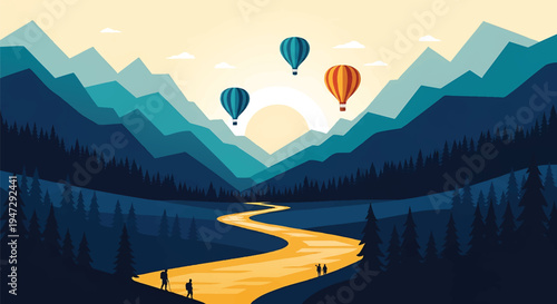Flat design landscape with mountain ranges river and hot air balloons flying over serene valley during sunrise serene outdoor adventure and exploration scene