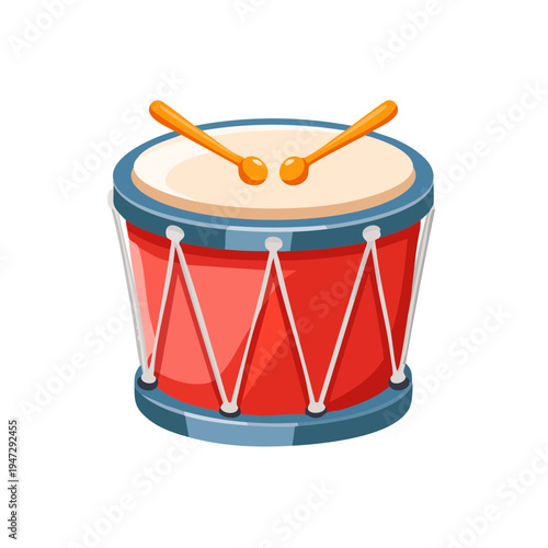 A vibrant red drum with wooden drumsticks, a symbol of rhythm and music. The drum stands out with its bright color and inviting design