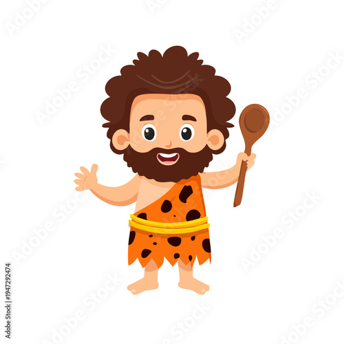 A cartoon caveman smiling and holding a spoon, ready for his meal