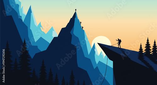 Extreme mountain climbing adventure with silhouette climbers scaling steep peak at sunset reaching summit dramatic ascent challenging expedition teamwork effort