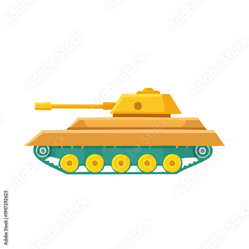 A cartoon-style image of a military tank. The tank has a yellow turret and brown body with green track