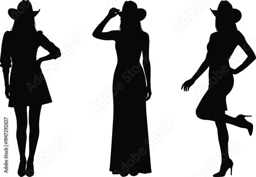   
Three silhouettes of women in cowboy hats, varied dresses and poses, stylish western theme, artistic fashion illustration, expressive design