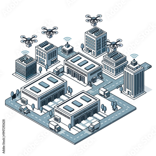 Isometric Smart City with Drones Delivering Packages and Solar Panels.