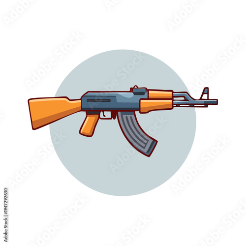 Illustration of an AK-47 assault rifle with a wooden handle, a grey magazine, and a blue metal body