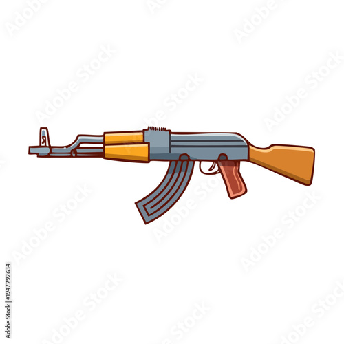 An illustration of a classic AK-47 rifle, a symbol of military and armed conflict