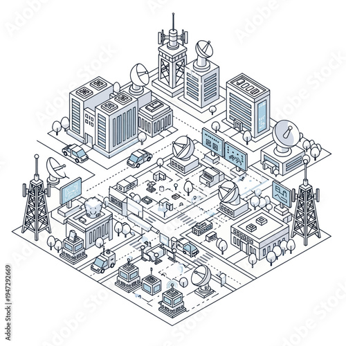 Isometric Cityscape with Communication Towers and Vehicles.