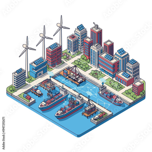 Isometric Cityscape with Wind Turbines and Cargo Ships in a Sustainable Port.