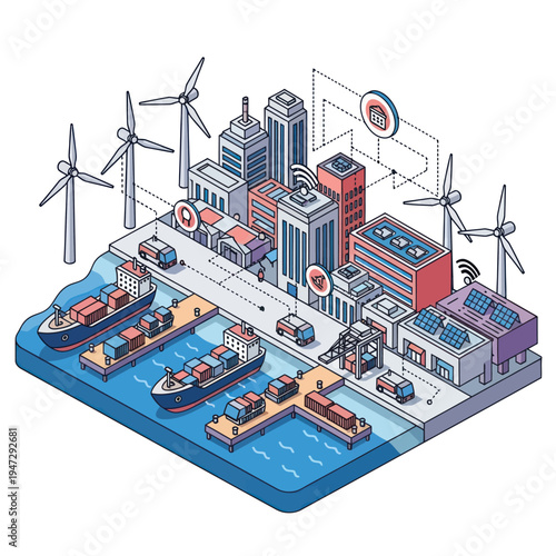 Isometric Smart City Illustration with Renewable Energy and Modern Infrastructure.
