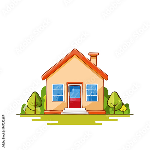 A charming home with a red door and green surroundings. A cute drawing of a little home.