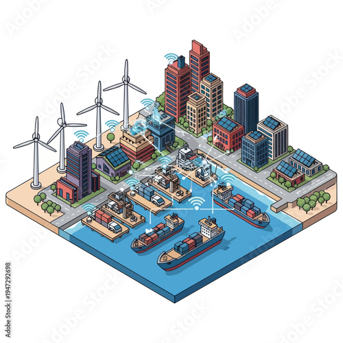 Isometric Smart City Port with Renewable Energy and Cargo Ships.