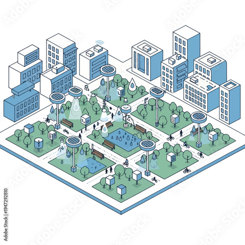 Tableau sur toile Isometric Cityscape with Green Spaces and Futuristic Elements.