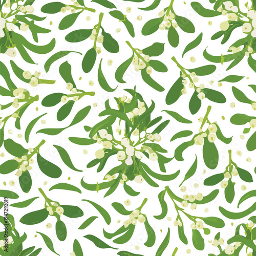 Seamless floral pattern of vibrant green mistletoe with white berries