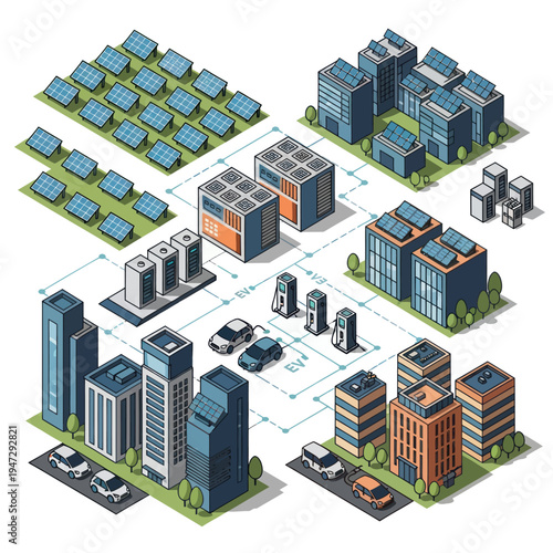 Isometric Smart City Infrastructure with Solar Panels and Electric Vehicles.