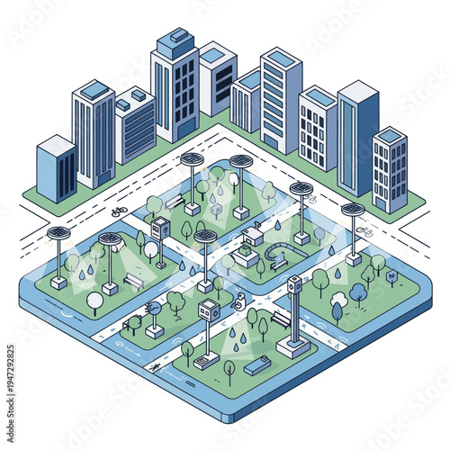 Isometric Cityscape with Smart Technology and Urban Infrastructure.