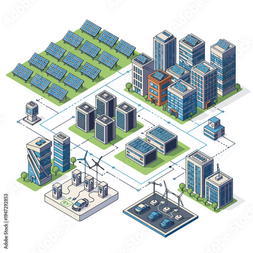 Smart City Energy Network - Solar, Wind, and Electric Vehicles.