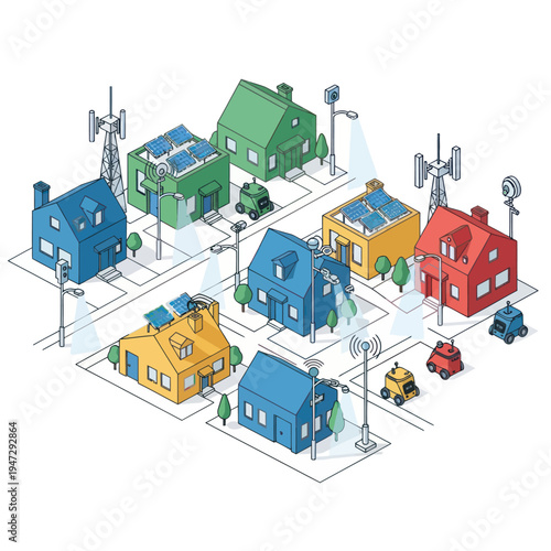 Smart City Neighborhood with Solar Panels and Autonomous Vehicles.