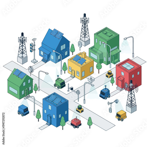 Isometric Smart City Network with Autonomous Vehicles and Buildings.