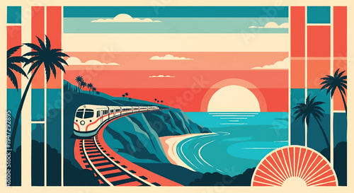 Coastal train journey illustration during sunset, with a white train on tracks alongside ocean and palm trees