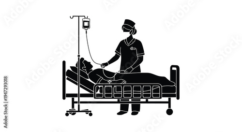 A healthcare worker attends to a patient lying in a hospital bed depicted in a stark silhouette high quality professional detailed