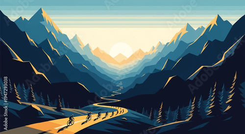 Minimalist mountain landscape with cyclists on a winding road at sunrise, featuring towering peaks and a vibrant sky
