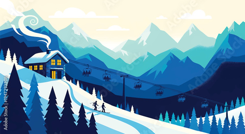 Winter ski resort landscape with mountain lodge and chairlift carrying skiers over snowy slopes with pine trees and blue peaks in flat vector design
