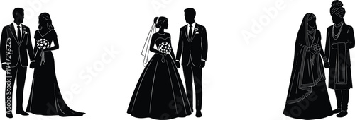 Three wedding couple silhouettes showcasing diverse cultural attire, Western bridal gown and suit, South Asian traditional dress and turban, suitable for design, education