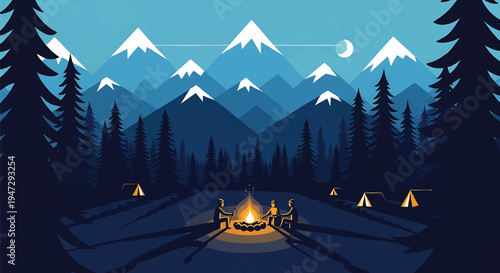 Night camping illustration with group of people sitting around campfire in pine forest near mountains under moon light with tents in flat vector style