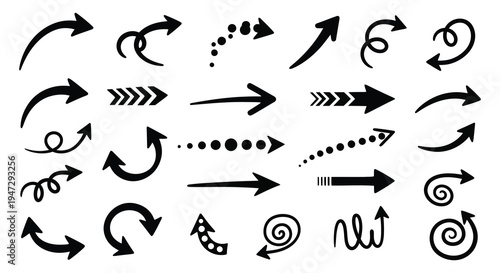 A collection of various black arrow and swirl shapes arranged on a white background presented as a silhouette high quality professional