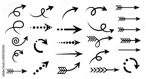 A collection of diverse black arrow and swirl designs presented as graphic elements in a stark silhouette high quality professional detailed