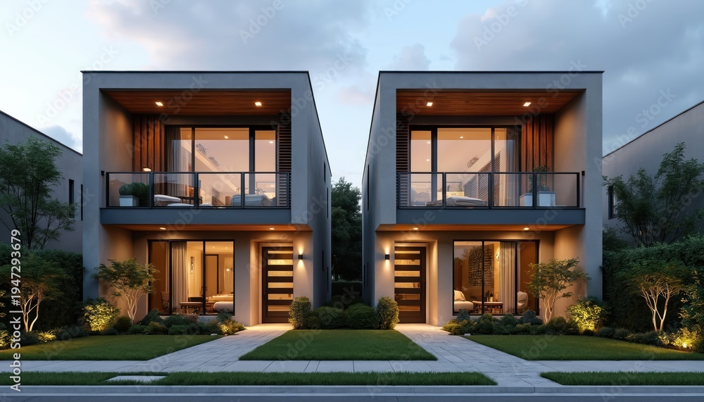 Fototapeta premium Modern duplex homes with clean lines and balconies. Exterior features include glass doors, balconies and landscaped yards with outdoor lighting. Reflects contemporary suburban living.