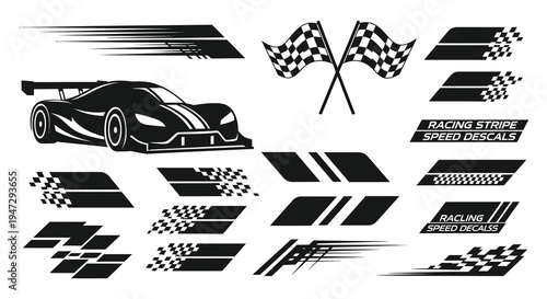 A collection of racing elements including a car flags and speed decals presented in stark black silhouette high quality professional detailed