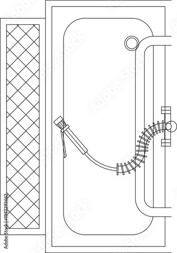 Technical architectural plan view of a shower stall showing flexible shower head with coiled hose, controls, tiled wall section and rectangular bathing area.
