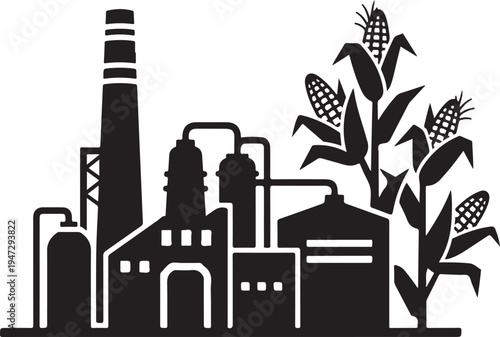 Industrial biofuel factory silhouette with corn stalks, ethanol processing plant icon, agricultural biorefinery vector illustration