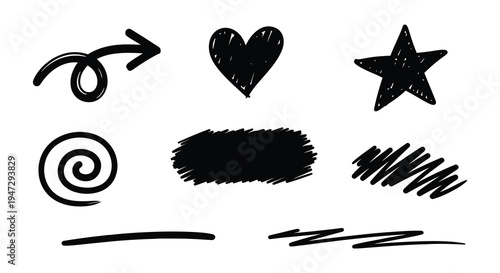 A collection of hand drawn black shapes including a heart star arrow and scribbles in silhouette high quality professional detailed modern elegant
