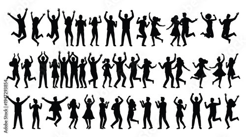 People silhouettes celebrating success and joy with raised hands jumping