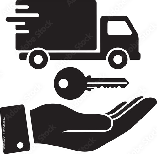 Moving service icon with delivery truck and house key, professional relocation company logo, logistics and real estate handover concept