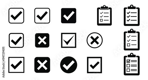 A collection of black checkmark and cross icons alongside clipboard outlines presented as a flat design silhouette high quality professional detailed