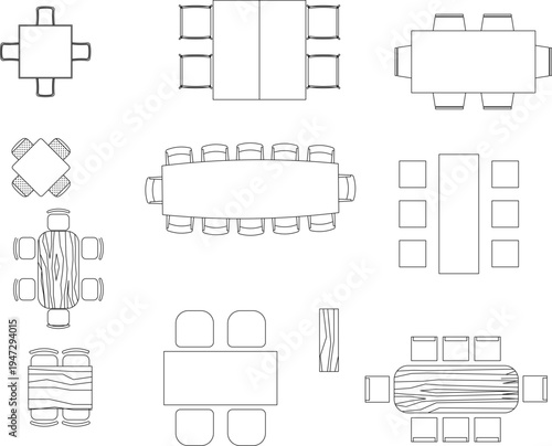 Technical architectural furniture blocks showing various dining table and chair arrangements in plan view including rectangular, square, round tables with wood grain textures.