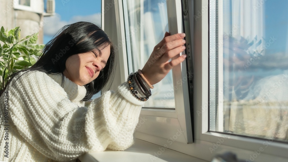 Fototapeta premium A young girl poses near a window in a house