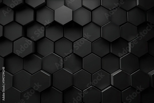 Abstract background of 3D rendered black, textured hexagons in varying depths