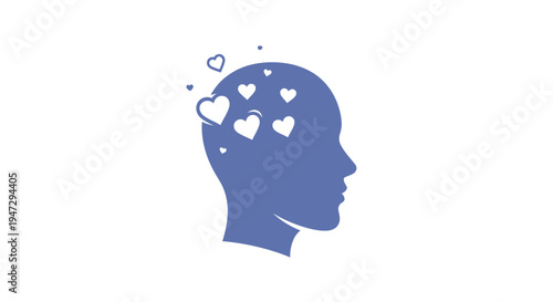 Blue silhouette of a head with hearts.
