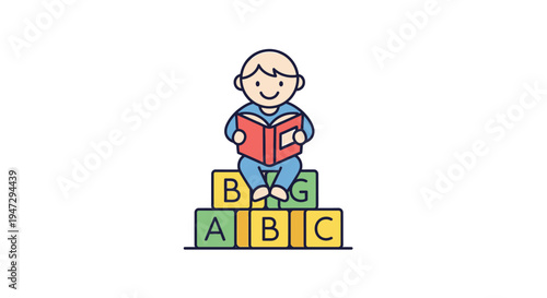Boy sitting on alphabet blocks reading.