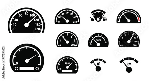A collection of black gauge icons depicting speed fuel rpm and other vehicle measurements silhouette high quality professional detailed modern