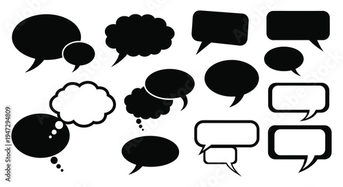 A collection of various black speech bubbles and thought bubbles with one white example in a flat design silhouette high quality