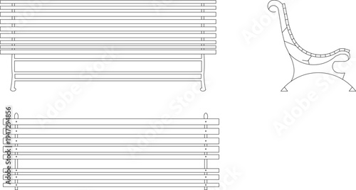 Technical architectural furniture blocks showing a slatted bench in multiple orthographic views including elevation, plan and decorative side view with curved armrest.