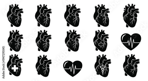 A collection of stylized black heart illustrations including anatomical details and medical symbols presented as a silhouette high quality professional detailed